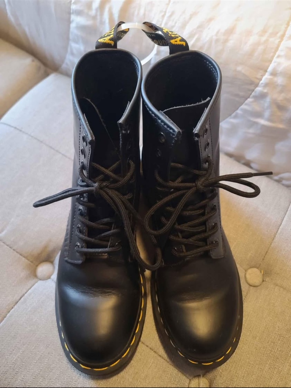 Dr. Martens Women’s Black Leather Lace-Up Boots with Yellow Stitching - Picture 2 of 3